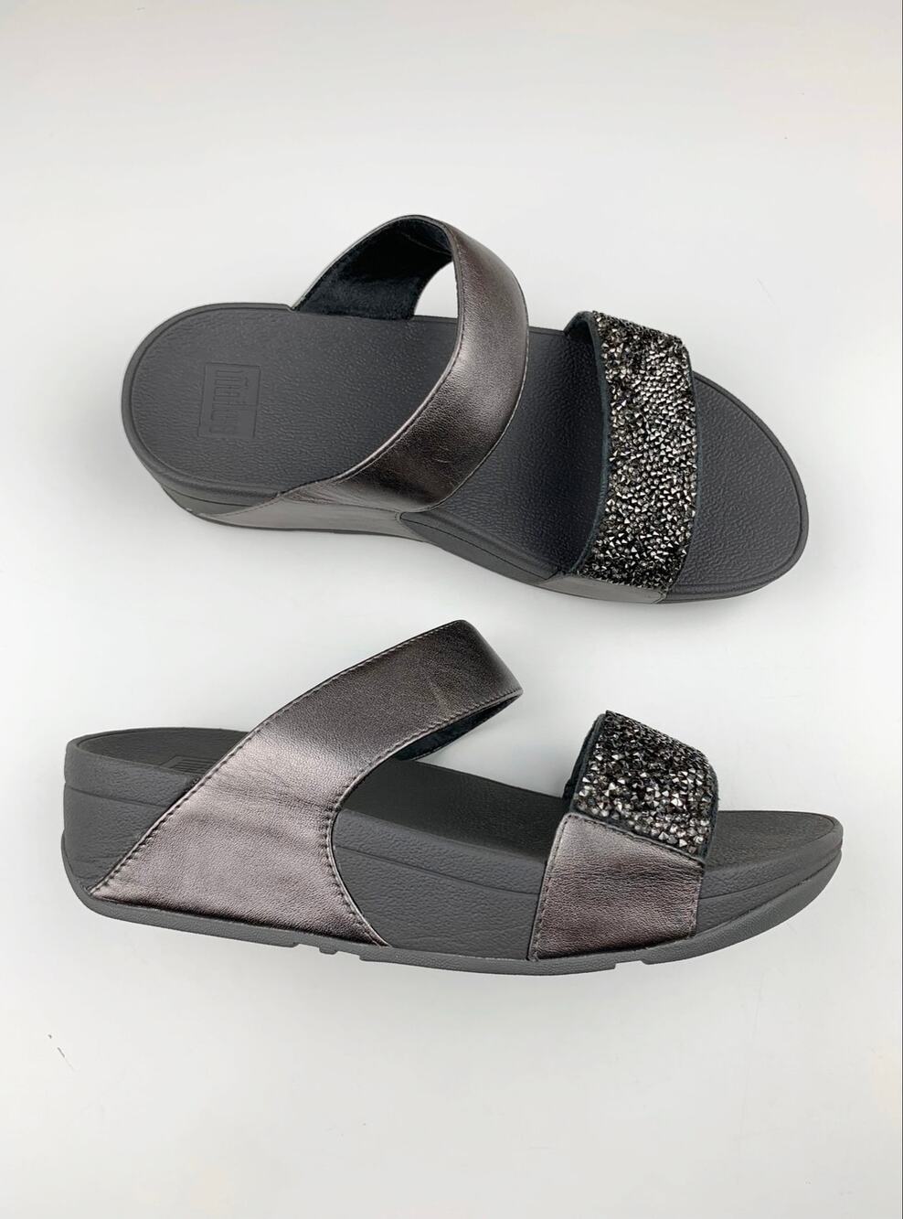 FitFlop Sparklie Crystal Slides Sandals Pewter Grey Slip On Comfort Women's 5